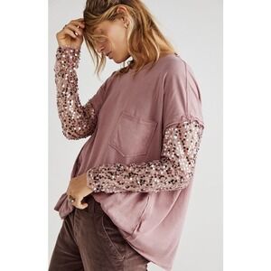 Free People Rose Mauve Sequin Sleeve Long Sleeve Top